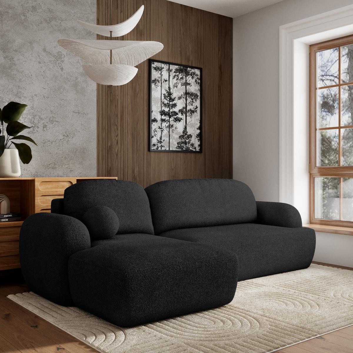 ECKSOFA MODENZA N L-S Schwarz Boucle-Stoff mit Schlaffunktion - Schwarz, Holz/Kunststoff (266/148cm) - MASSENO