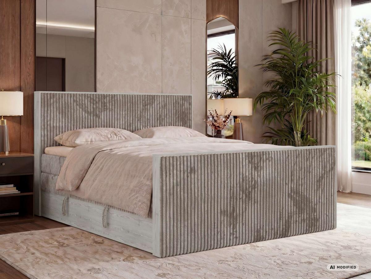 BOXSPRINGBETT NORDIC KING DUO 140/200 - Hellbraun Cord - Topper Visco - H3 - Hellbraun/Schwarz, Kunststoff/Textil (140/200cm) - MKS