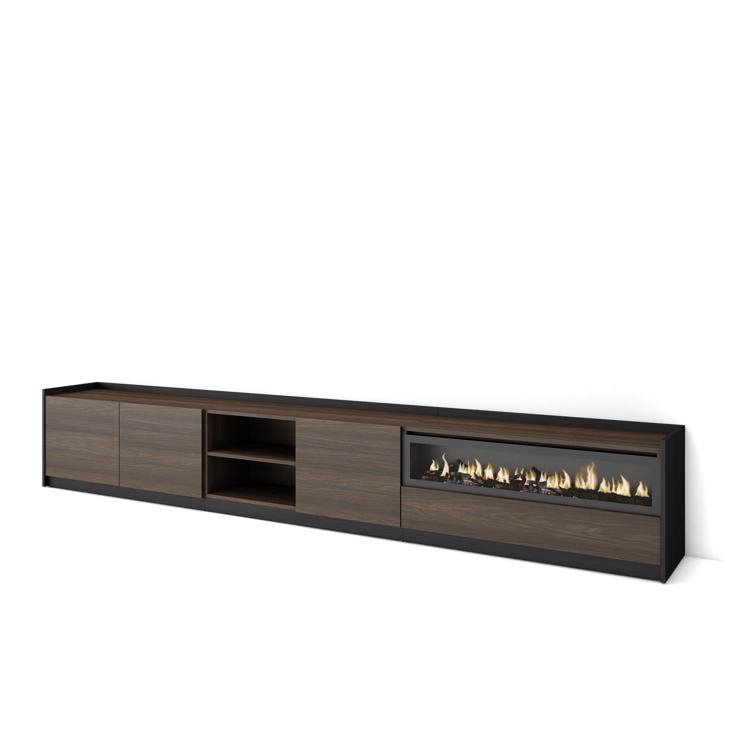 LOWBOARD, Dunkler Eiche und Schwarz, Elektrokamin, 310/37/50cm - Hellbraun, Holzwerkstoff (310/50/37cm) - Skraut Home