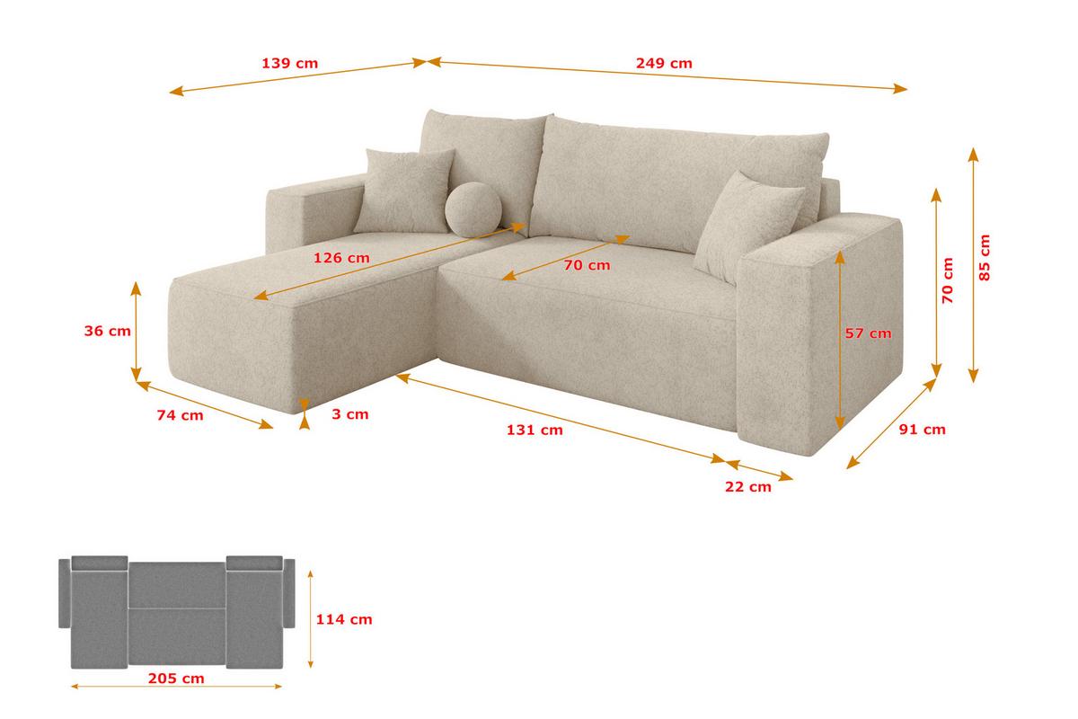 ECKSOFA mit Schlaffunktion Ottomane Links SENO-L 249x139x85 Creme Velours - Creme/Schwarz, Holzwerkstoff/Kunststoff (249/139cm) - ALTDECOR