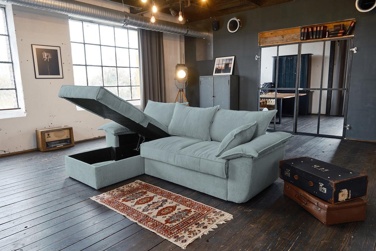 ECKSOFA DAMETO Hellblau Cord Mit Schlaffunktion - Schwarz/Hellblau, Kunststoff/Textil (266/174cm) - KAWOLA