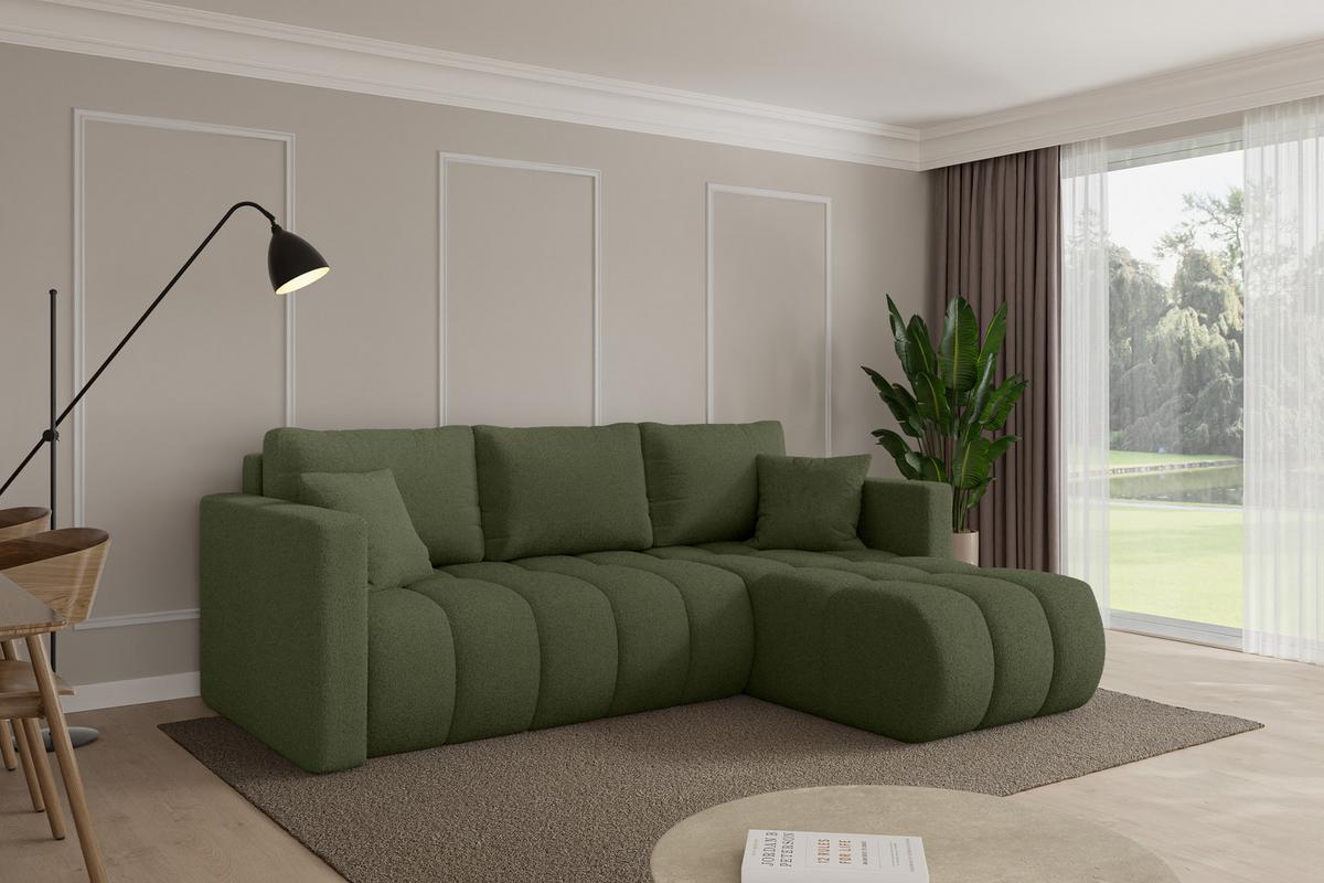 ECKSOFA mit Schlaffunktion Ottomane Rechts GARD-L 226x146x85 Grün Bouclé - Schwarz/Olivgrün, Holzwerkstoff/Kunststoff (226/146cm) - ALTDECOR