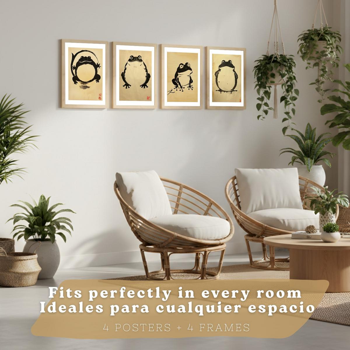 POSTER 4er Bilder-Set Wandbilder Ukiyo-e Vintage modern Wohnzimmer Deko, Schlafzimmer, Küche, Badezimmer Leichter Holzrahmen A3 - Beige, Papier (29.7/1/42cm) - Nacnic