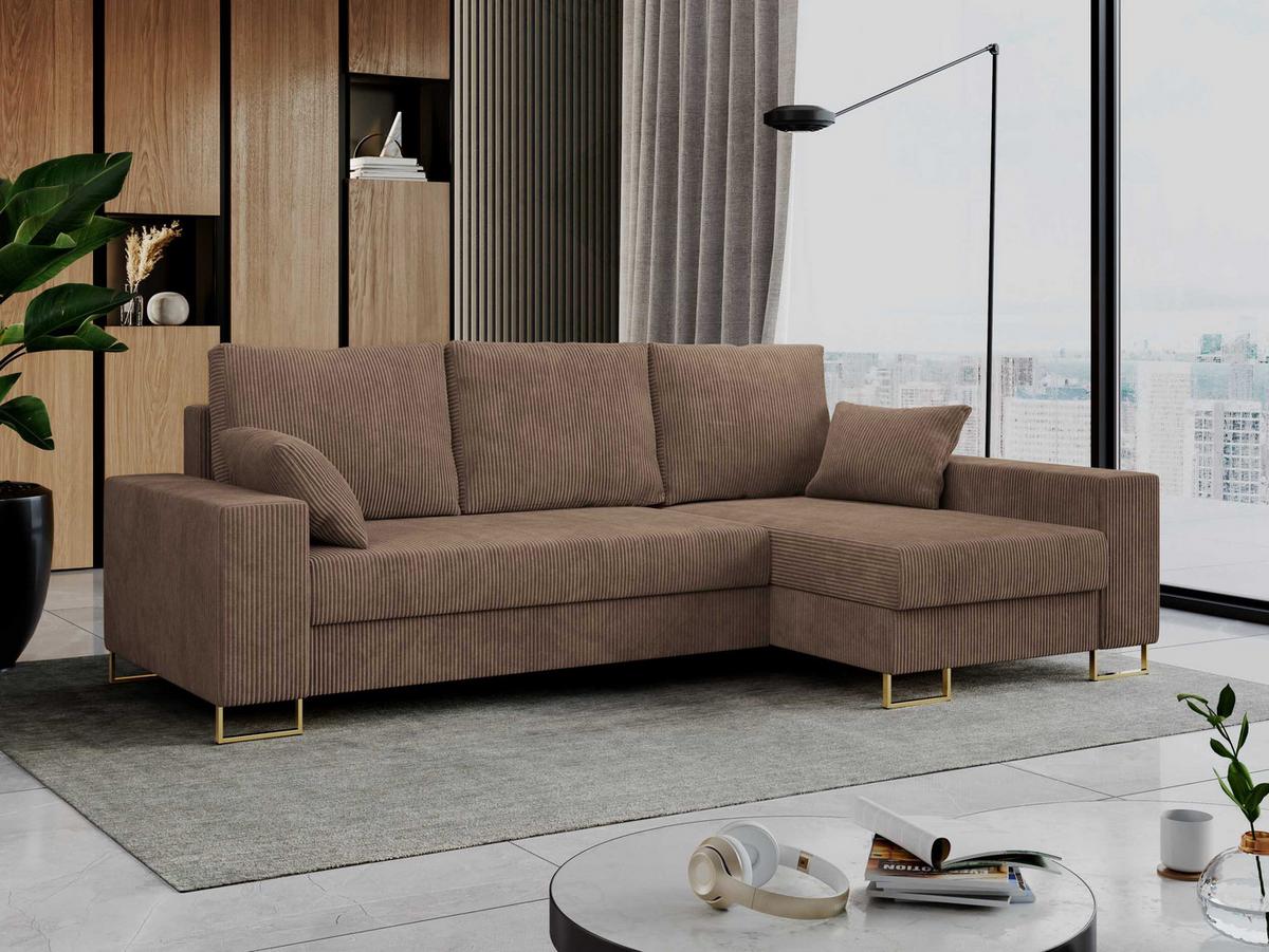 ECKSOFA Dorian Cord Hellbraun - Hellbraun/Goldfarben, Textil/Metall (242/138cm) - MKS