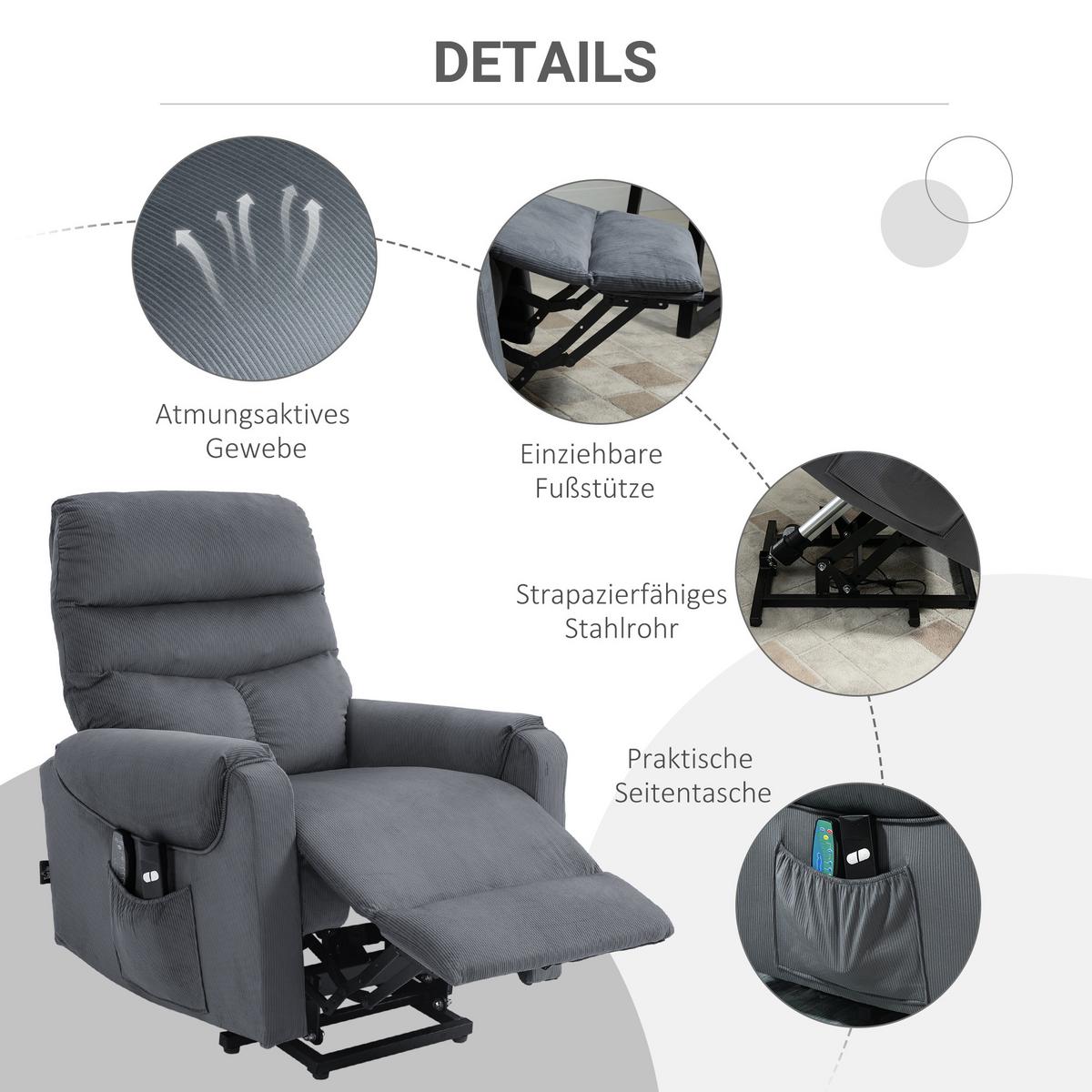 FERNSEHSESSEL Sessel mit Aufstehhilfe mit Massagefunktion Heizung Dunkelgrau - Dunkelgrau/Schwarz, Textil/Metall (93/110/83cm) - HOMCOM