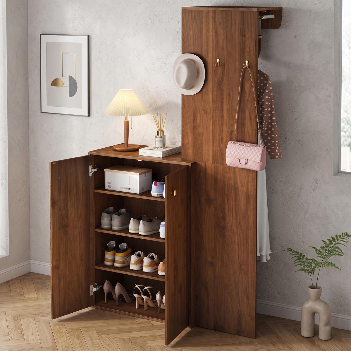 KOMPAKTGARDEROBE in Walnuss-Optik – mit Schuhschrank & Paneel - Walnussfarben, Holzwerkstoff (115/191.5/38.5cm) - Urban Meuble