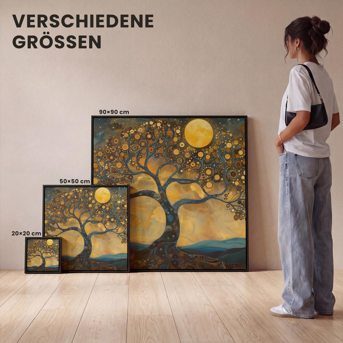 LEINWAND Bilder mit Rahmen - Baum - Mond - Blumen - Gold - Kunst - 90x90 - Orange, Textil (90/90cm) - MuchoWow