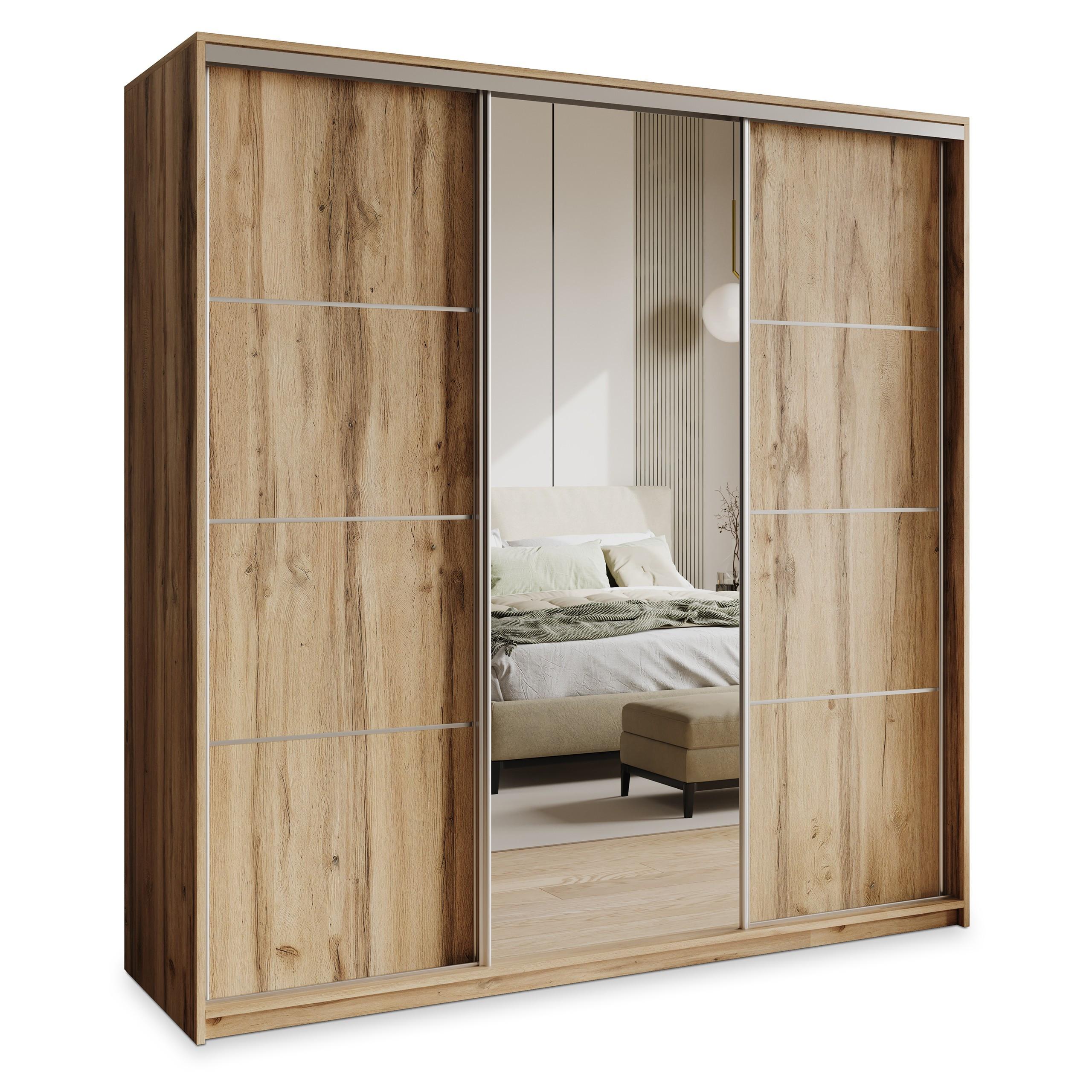SCHWEBETÜRENSCHRANK VARO 200/205/60 cm 3-türig mit Spiegel Eiche Wotan - Eiche Wotan, Holzwerkstoff (200/205/60cm) - MASSENO