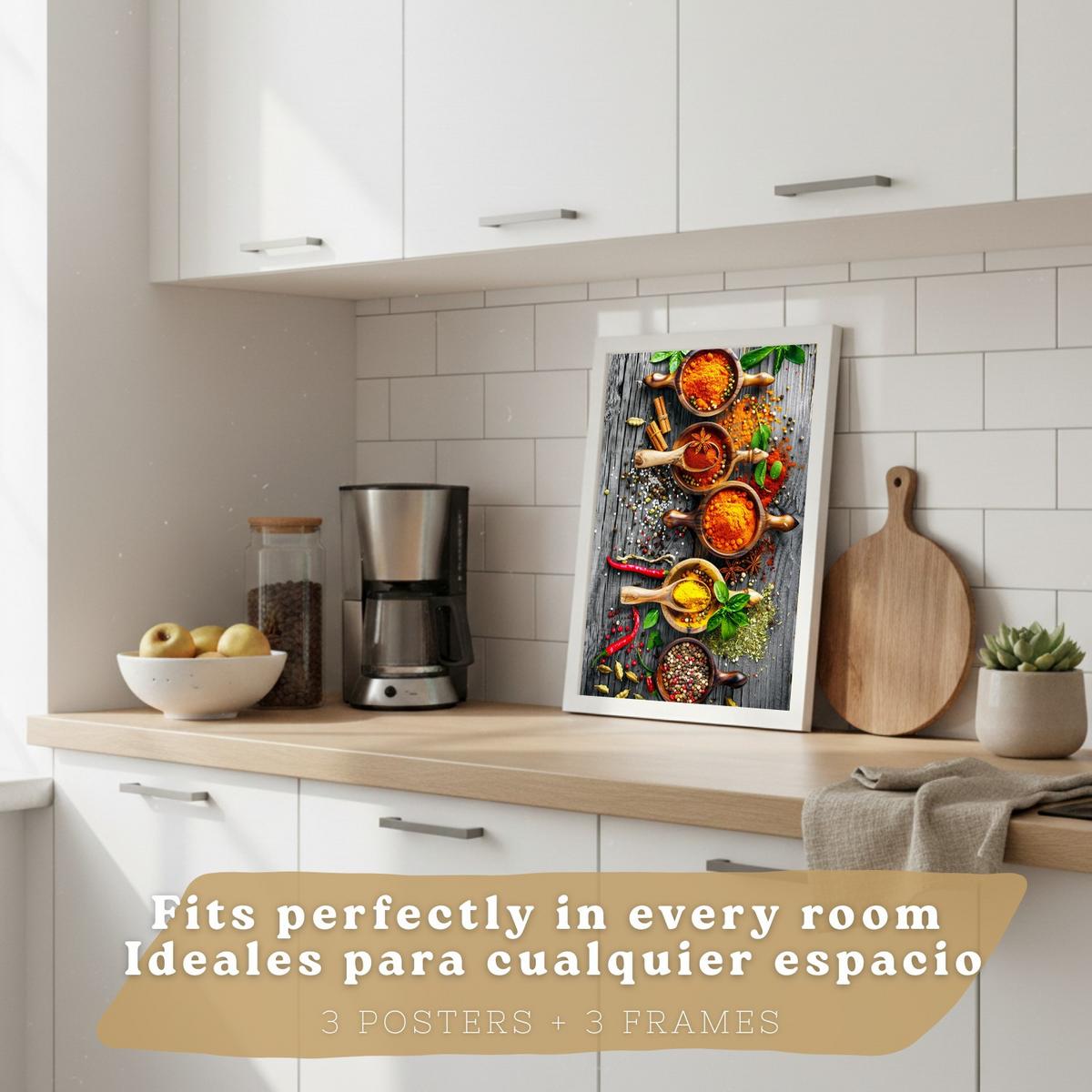 POSTER 3er Set Gewürze und Kräuter Wandbilder Aromatische Zutaten Food Fotografie Küche Esszimmer Deko Weißer Rahmen A4 - Weiß, Papier (29.7/1/21cm) - Nacnic
