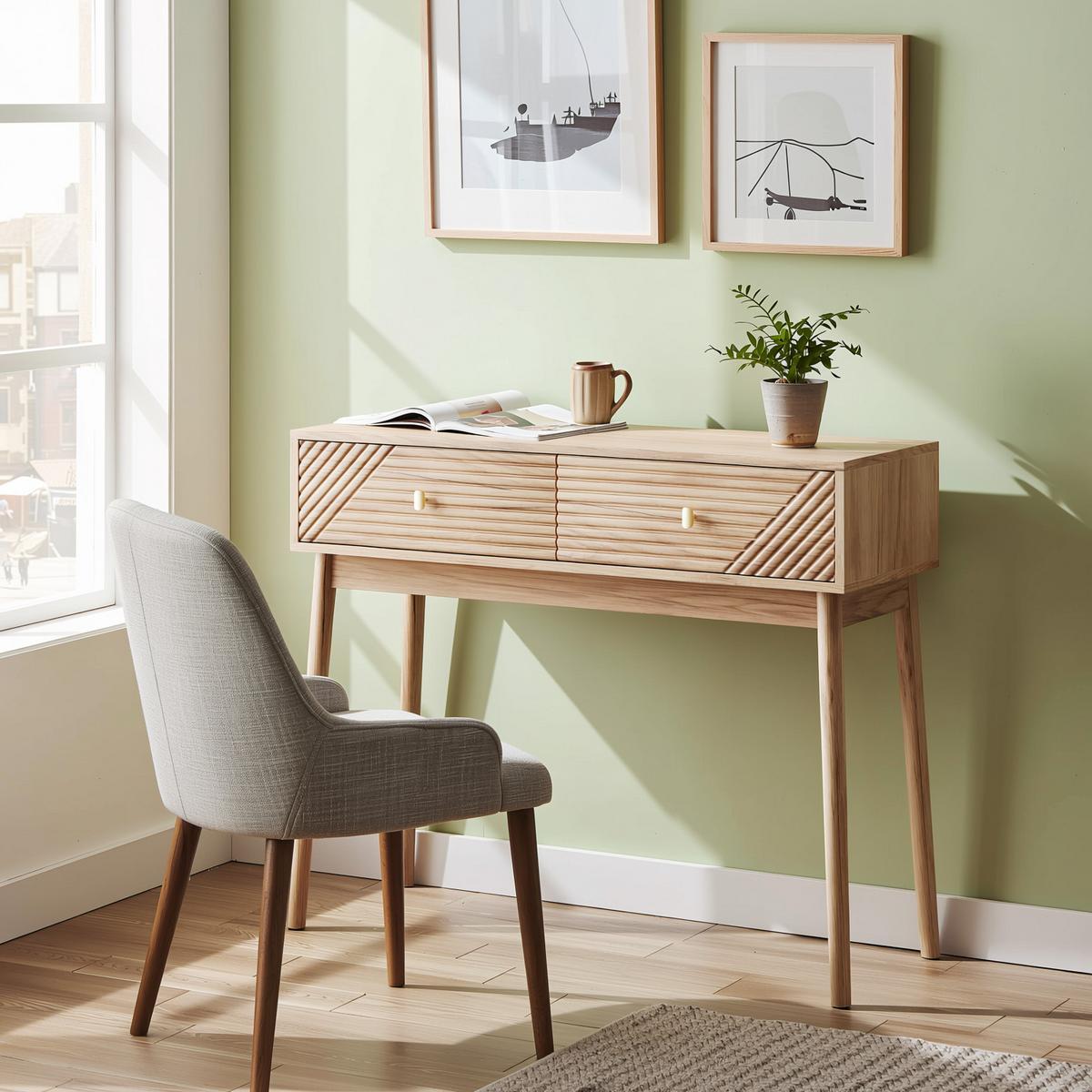 SCHMINKTISCH Moderner 100 cm Eiche Natur & Massivholz – Frisiertisch mit 2 Wellen-Schubladen im Mid-Century-Stil - Eichefarben, Holzwerkstoff (100/80/35cm) - Urban Meuble