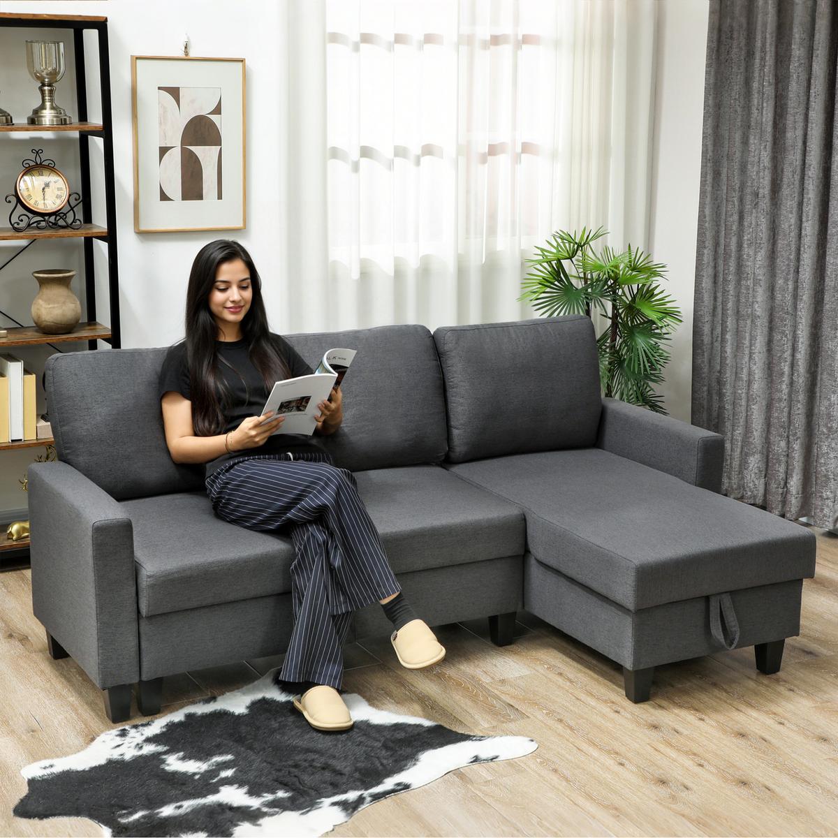 ECKSOFA-MIT-SCHLAFFUNKTION Polyetser Dunkelgrau - Dunkelgrau/Schwarz, Kunststoff/Textil (129/197cm) - HOMCOM