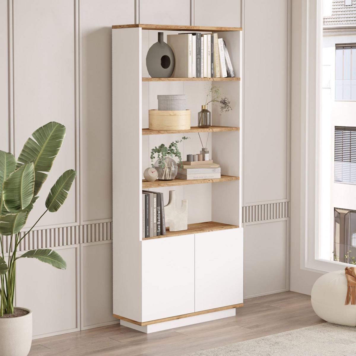 BÜCHERREGAL mit 2 Türen und 4 Ablagen in Atlantik-Kiefer und Weiß 75/26/168 cm - Weiß, Holzwerkstoff (26.8/168.3/16cm) - Calicosy