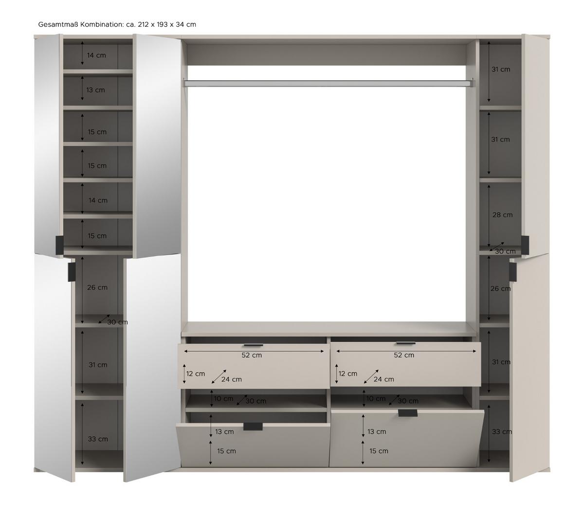 GARDEROBEN-SET Kaschmir 212 x 193 cm, Garderobenschrank mit Spiegel - Kaschmir/Schwarz, Glas/Holzwerkstoff (212/193/34cm) - Inn.Furn