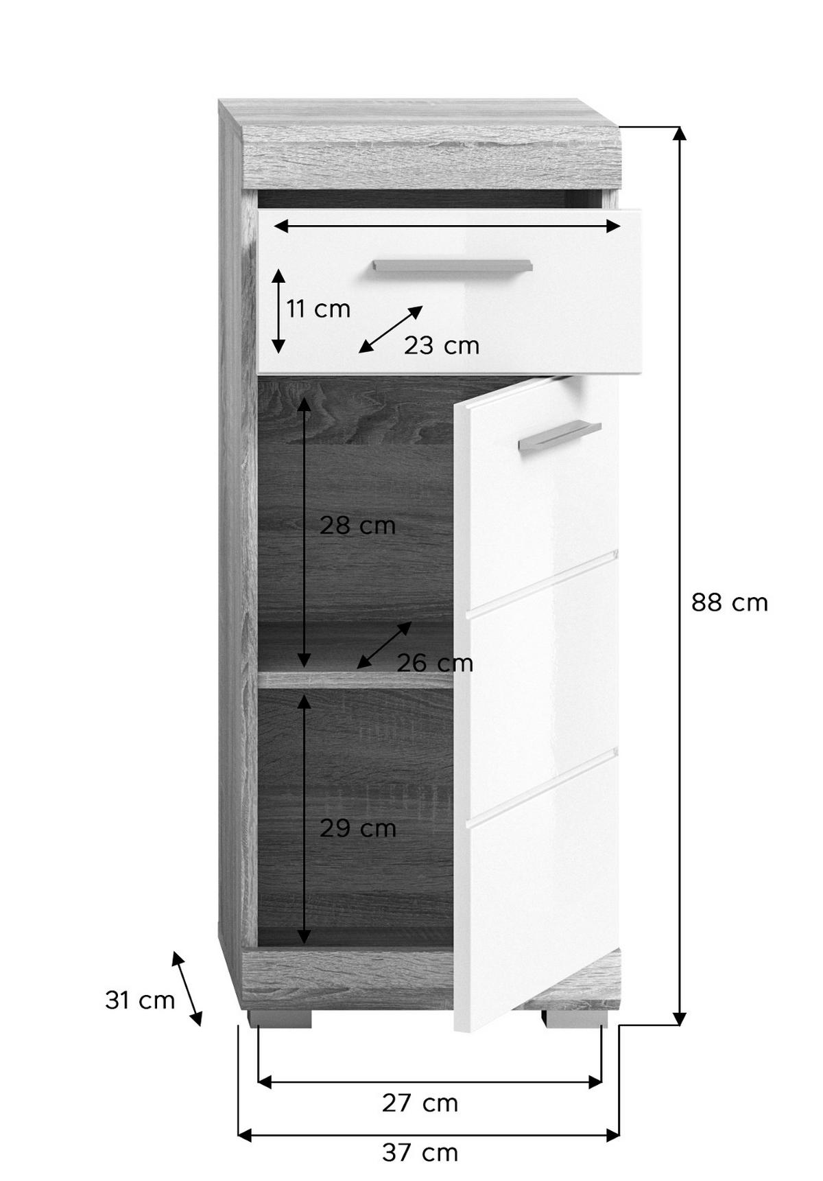 KOMMODE weiß Hochglanz, Eiche 37 x 88 cm Badschrank mit Vollauszug - Weiß Hochglanz/Eichefarben, Holzwerkstoff/Kunststoff (37/88/31cm) - Inn.Furn