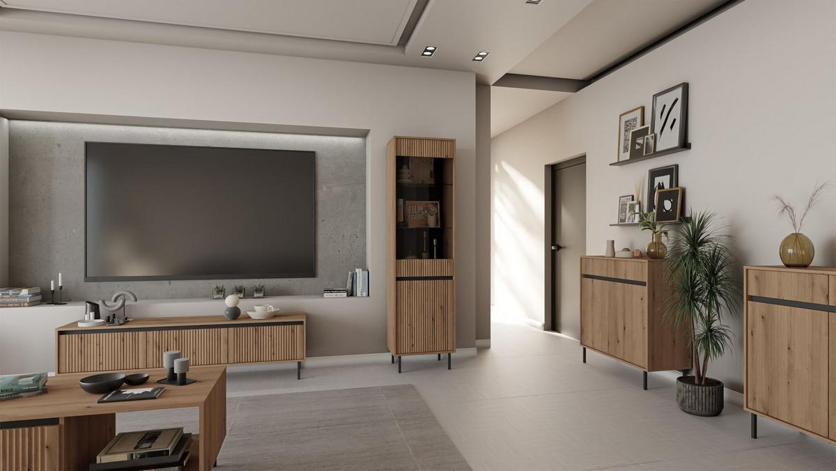 VITRINE Osaka Eichenholzoptik Evoke 56 cm - Eichefarben/Schwarz, Holzwerkstoff/Metall (55.8/205/40cm) - Selsey