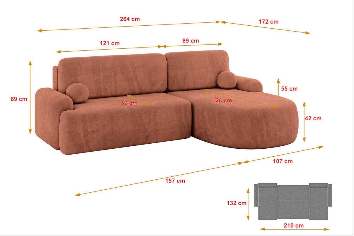 ECKSOFA mit Schlaffunktion und Bettkasten LIRA-L - 264x172x89 Apricot - Orange, Holzwerkstoff/Textil (172/264cm) - ALTDECOR