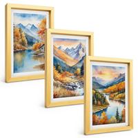 BILDER SET 3er Set - 20x30 cm Goldrahmen - Berglandschaft, Fluss, Herbst - Goldfarben, Kunststoff (20/30cm) - TULUP