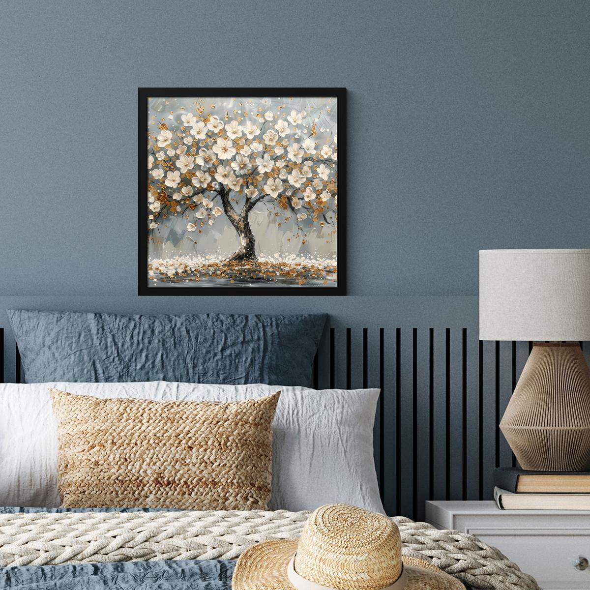 POSTER MIT RAHMENGERAHMTES BILD Baum - Blumen - Weiß - Natur - Kunst 40x40 cm - Weiß, Papier (40/40cm) - MuchoWow