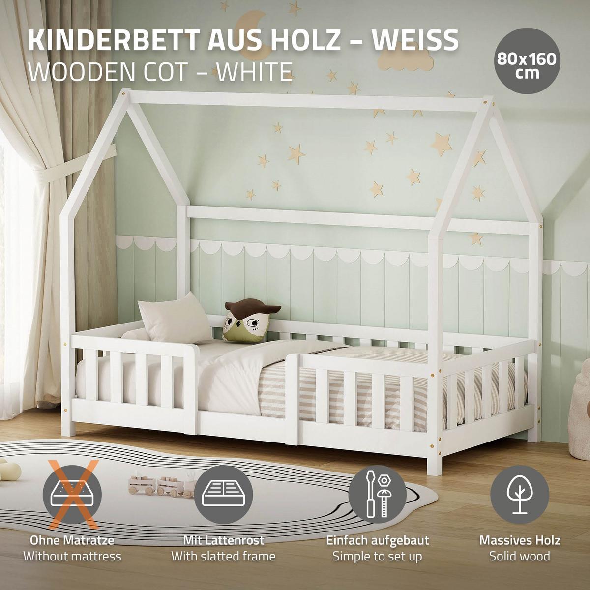 KINDERBETT 80x160 cm mit Rausfallschutz Natur aus Kiefernholz - Weiß, Holz (80/160cm)
