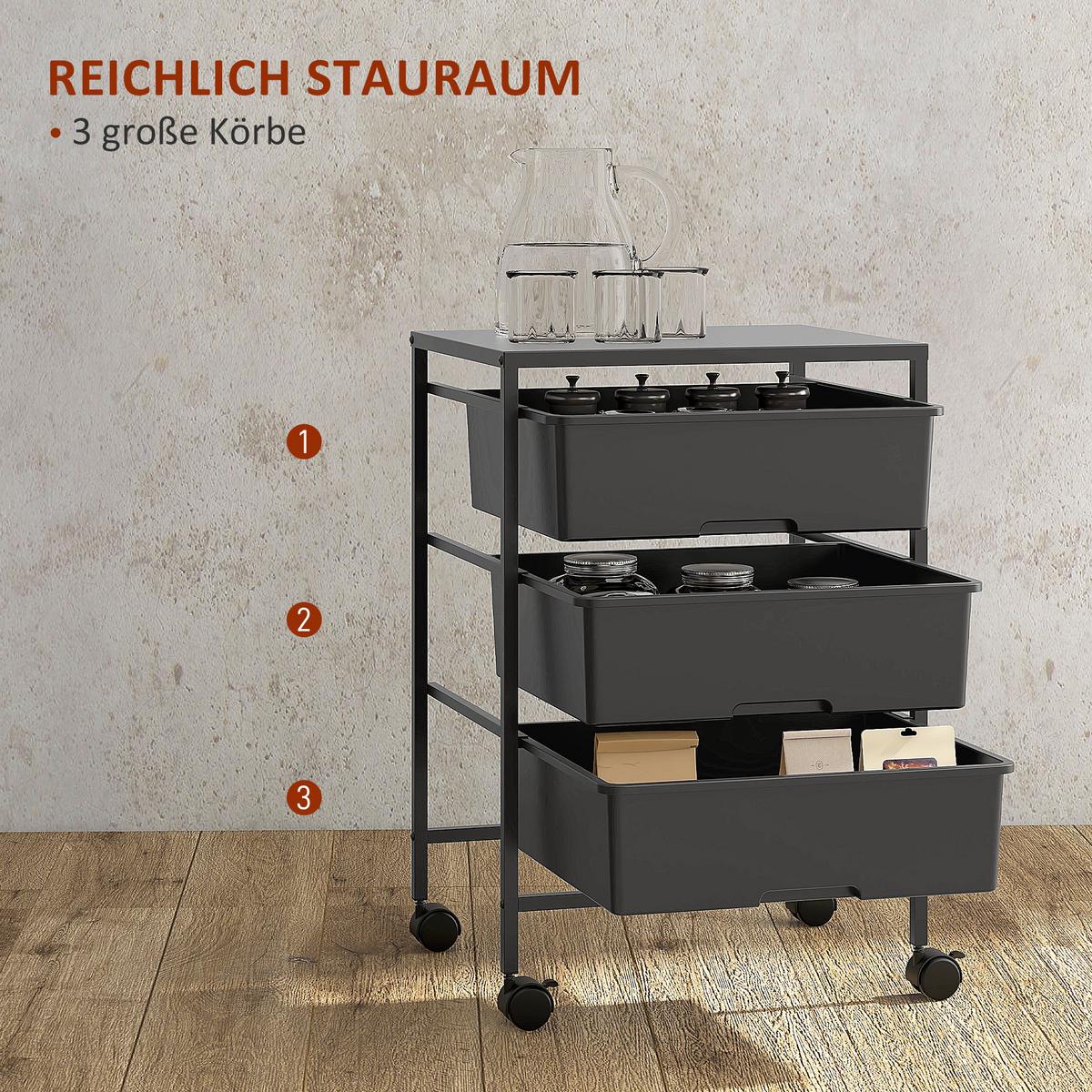 ROLLWAGEN, Servierwagen mit 3 Etagen, 40,8 x 33,5 x 60,5 cm, Schwarz - Schwarz, Metall (33.5/60.5/40.8cm) - HOMCOM