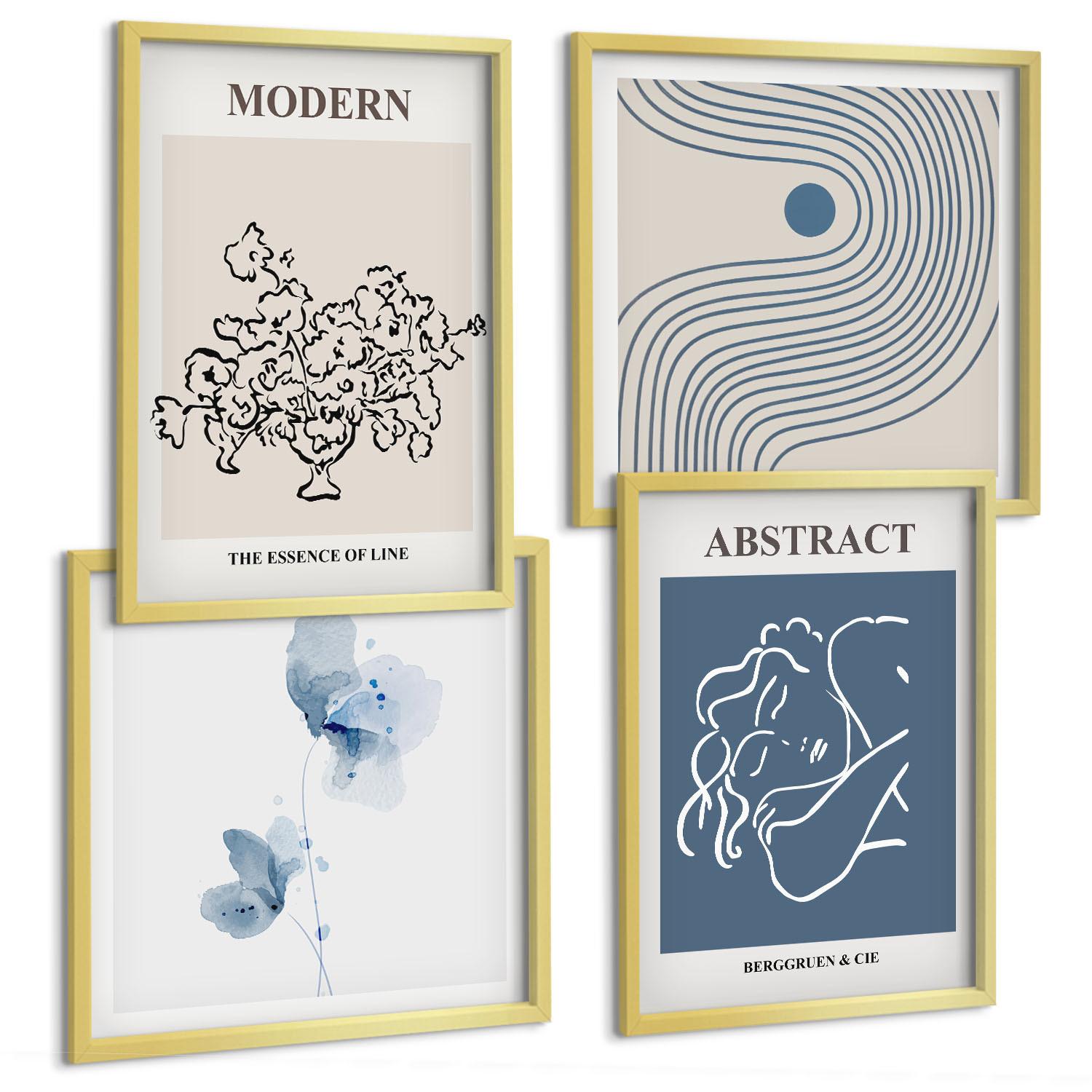 BILDER SET 4er Set - 50x50 cm & 40x60 cm Goldrahmen - abstrakte Poster mit Blumenlinien - Goldfarben, Kunststoff (50/50cm) - TULUP