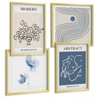 BILDER SET 4er Set - 50x50 cm & 40x60 cm Goldrahmen - abstrakte Poster mit Blumenlinien - Goldfarben, Kunststoff (50/50cm) - TULUP