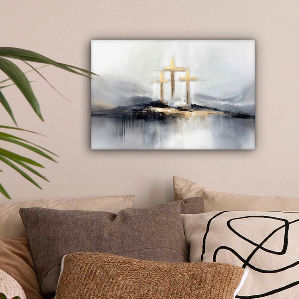 LEINWANDBILD Abstrakt - Malerei - Christentum - Kreuz Deko Schlafzimmer 30x20 cm - Weiß, Textil (30/20cm) - MuchoWow