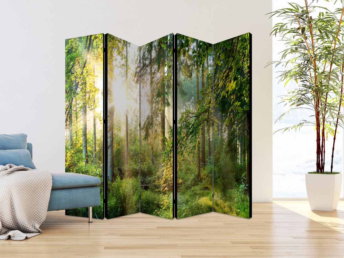 PARAVENT Einseitig Bedruckter 5-tlg 225x172 cm Wald Beim Sonnenaufgang - Grün, Holz/Textil (225/172/3cm) - Muralo