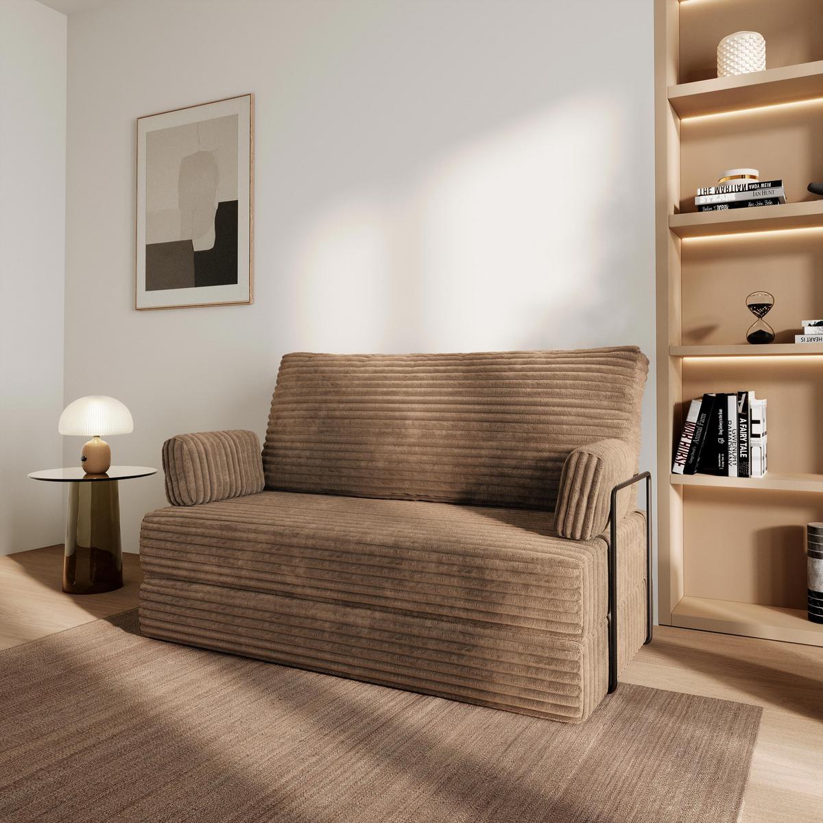 BETTSOFA LADIA aus Schaumstoff Kordstoff Beige Schlaffunktion - Beige, Textil (140/86/60cm) - MASSENO