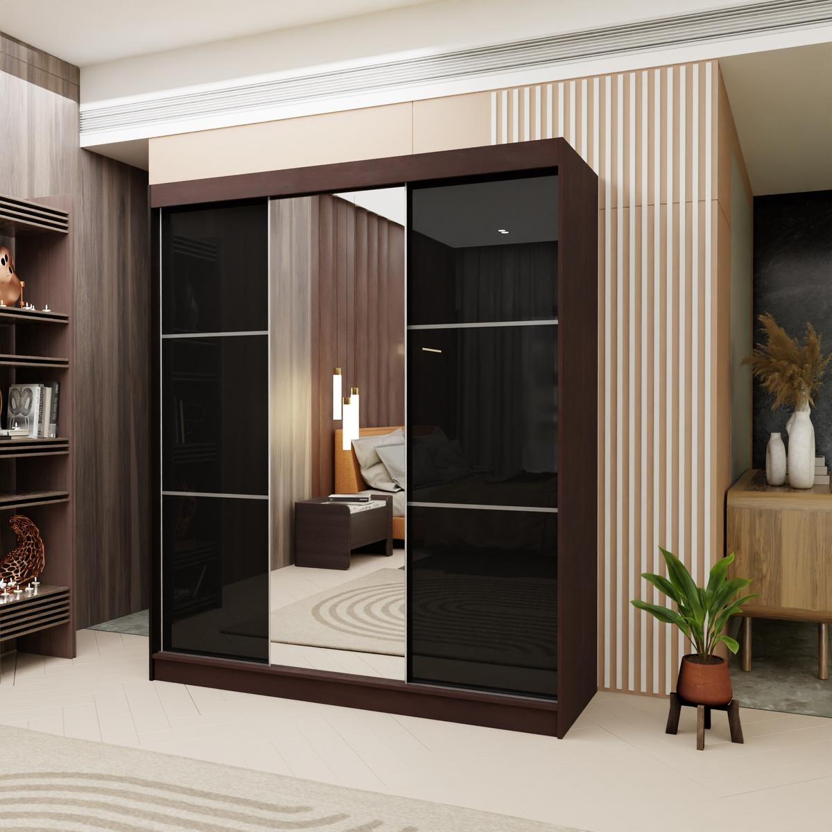 SCHWEBETÜRENSCHRANK VITALE 180/216/61 cm 3-türig mit Spiegel Wengefarben - Wengefarben/Schwarz, Holzwerkstoff (180/216/61cm) - MASSENO