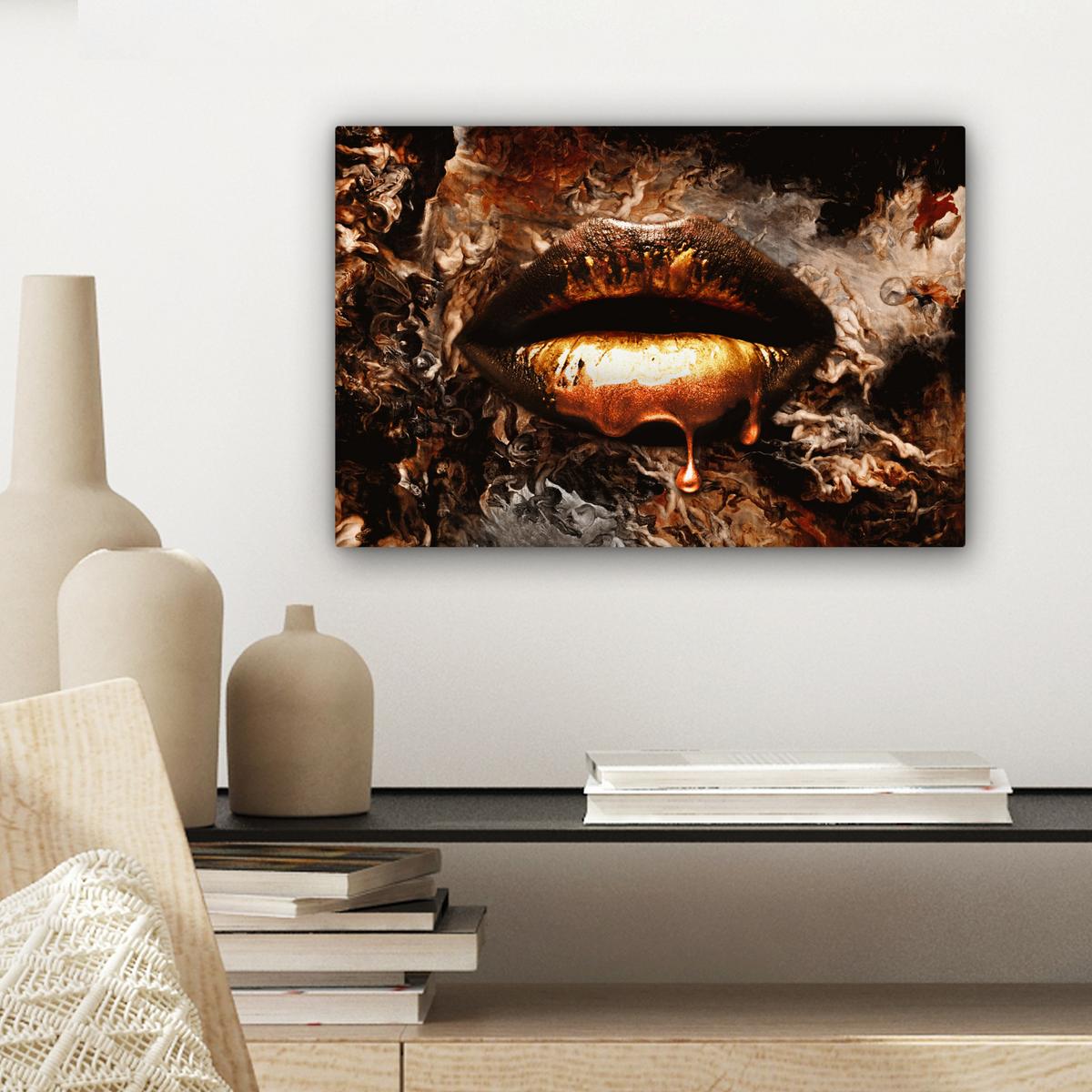 LEINWANDBILD Gold - Lippen - Kunst - Gold - Luxus - Abstrakt Deko Schlafzimmer 30x20 cm - Kupferfarben, Textil (30/20cm) - MuchoWow