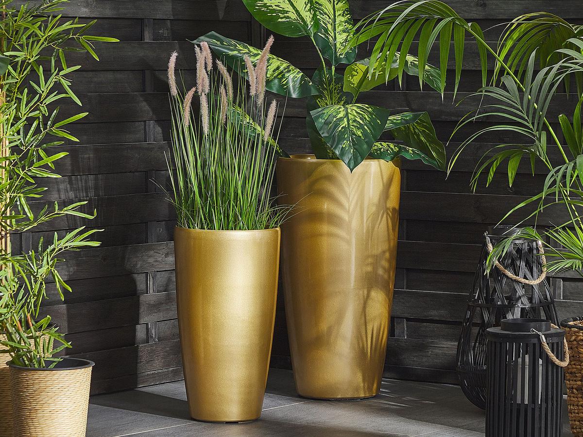 BLUMENTOPF gold rund 32/32/58 cm Tseria - Goldfarben, Stein (58cm) - Beliani