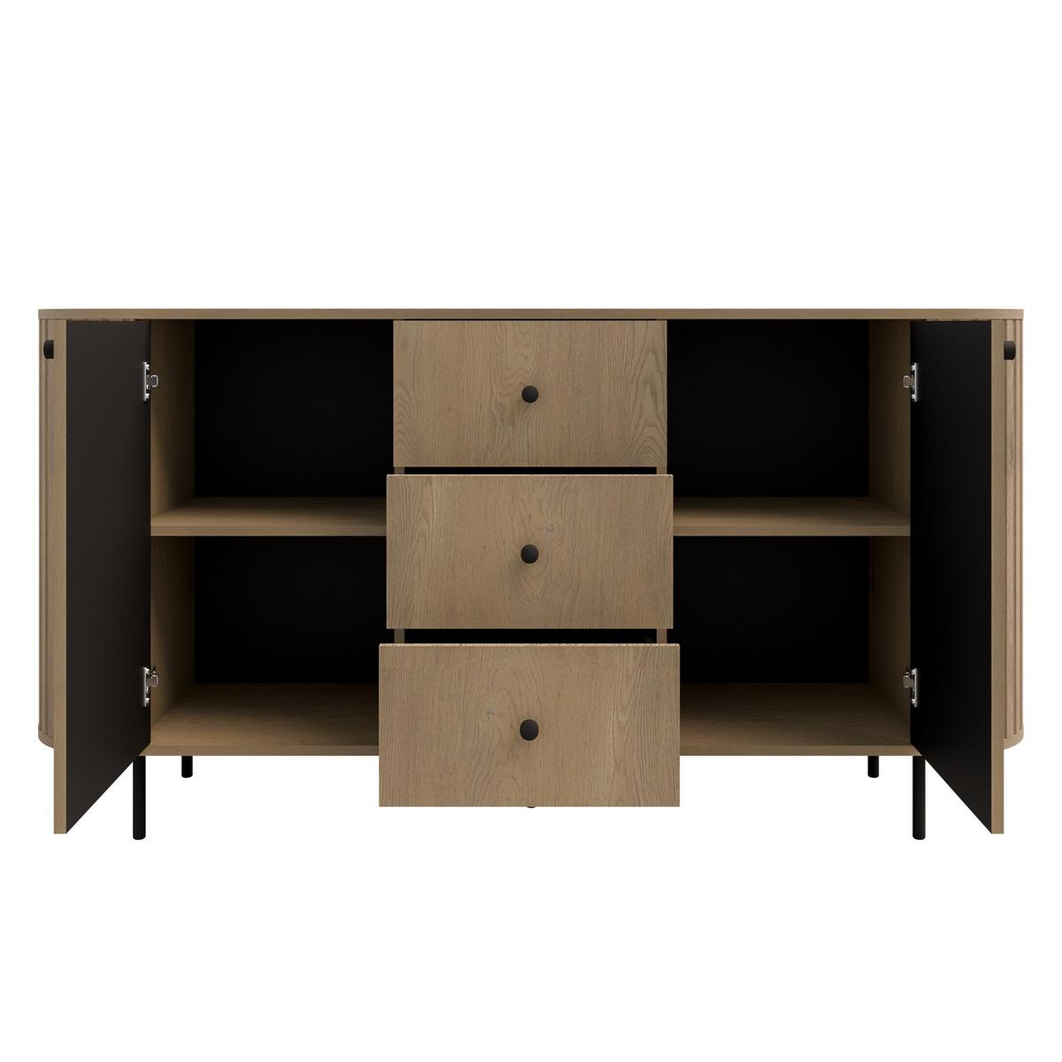 SIDEBOARD Halay Eiche Cremona 2 Türen & 3 Schubladen Moderne Rillenstruktur 164,6 cm - Eichefarben/Schwarz, Holzwerkstoff/Metall (164.6/85.4/42.3cm) - AX Living