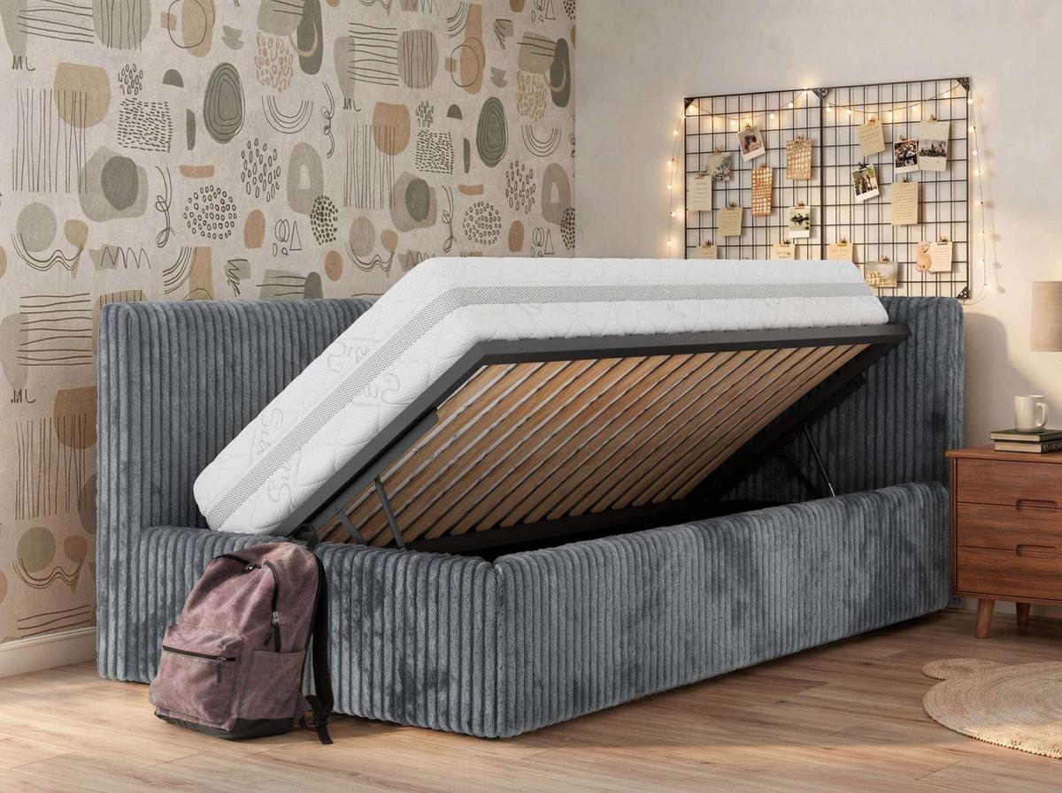 POLSTERBETT TILVO 90/200 - Grau Cord - Multitaschenfederkernmatratze - Rechts - Grau, Textil (200/90cm) - MKS