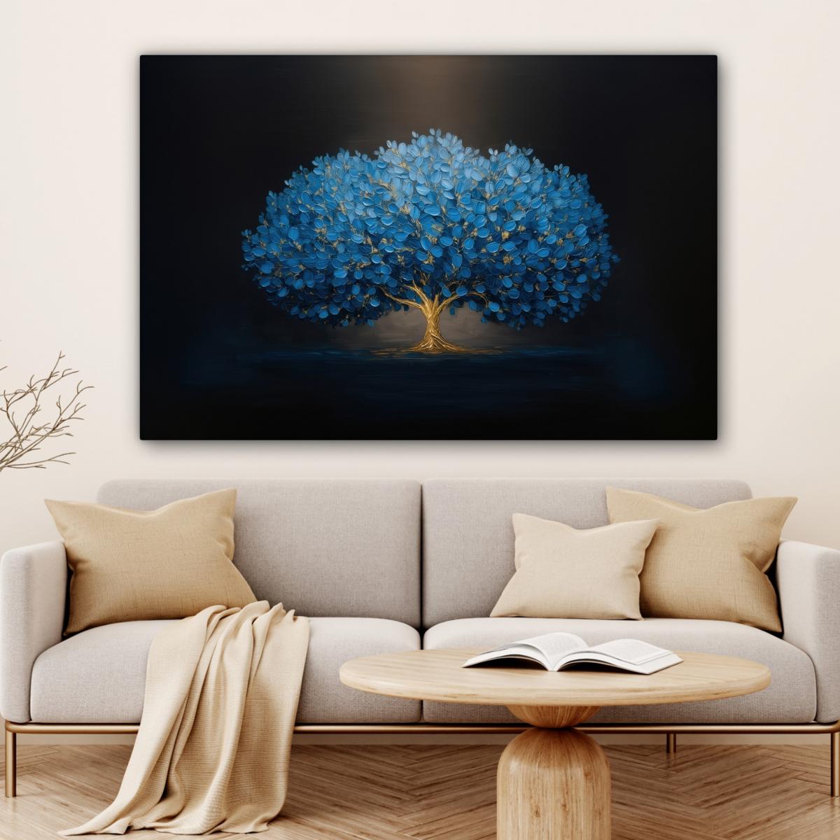 LEINWANDBILD Baum - Blau - Blätter - Pinselstriche Groß 140x90 cm - Blau, Textil (140/90cm) - MuchoWow