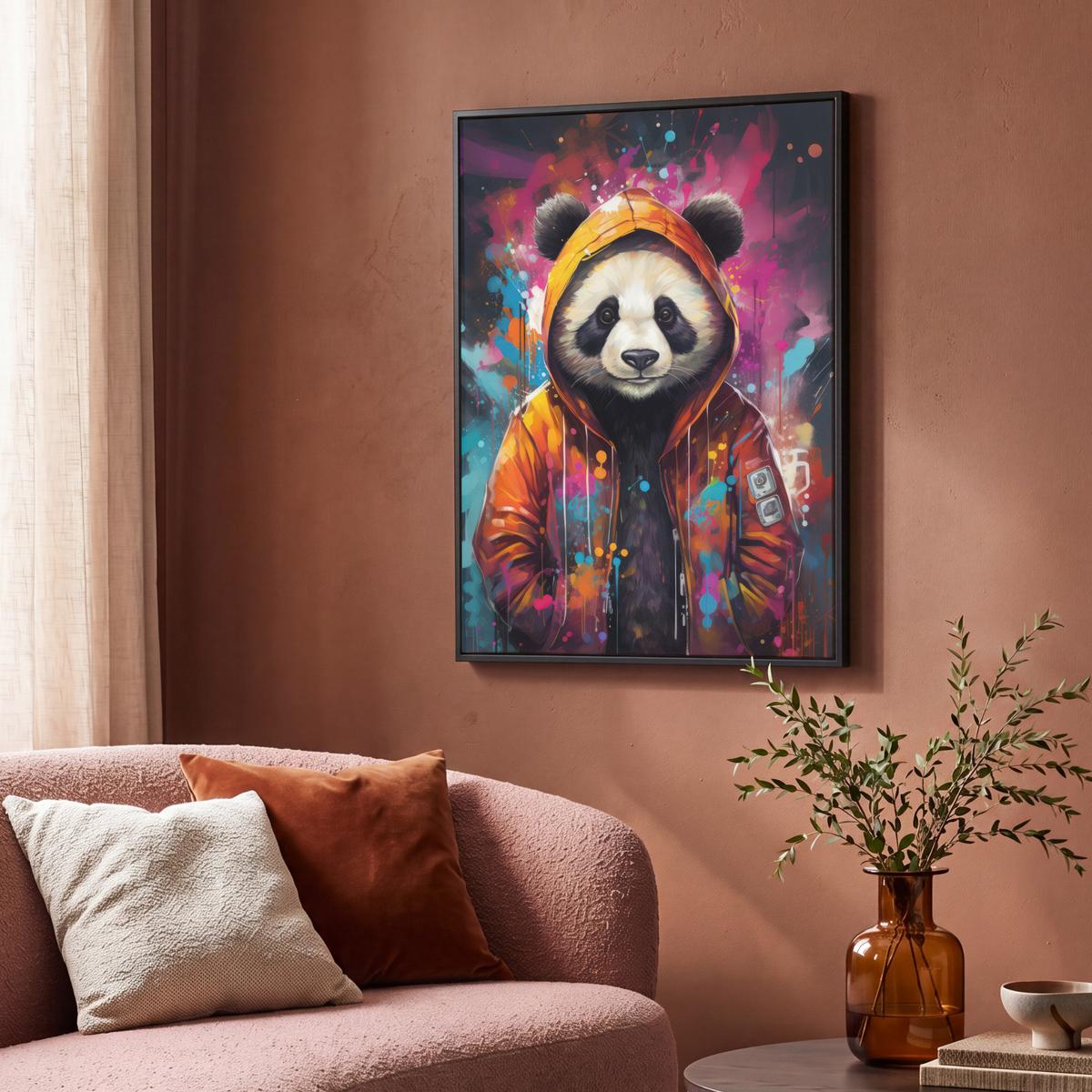 LEINWAND Bilder mit Rahmen - Panda - Jacke - Graffiti - Orange - 70x100 - Orange, Textil (70/100cm) - MuchoWow