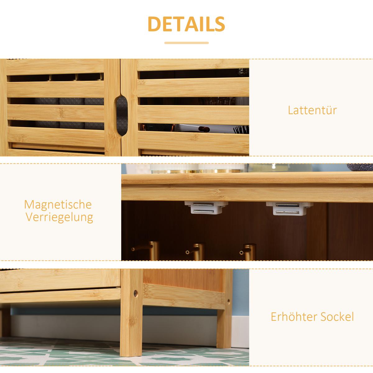 BADEZIMMERSCHRANK mit 2 Lamellentüren, 68 x 32 x 86 cm, Natur - Naturfarben, Naturmaterialien (32/86/68cm) - Kleankin