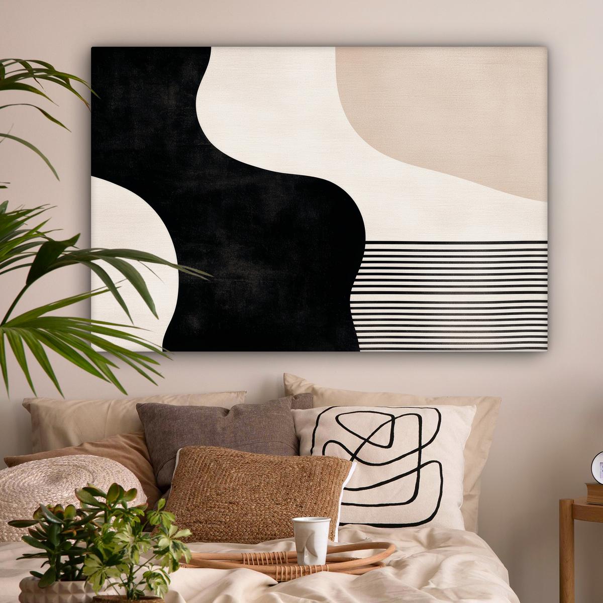 LEINWANDBILD Abstrakt - Japandi - Beige - Modern Groß 140x90 cm - Schwarz, Textil (140/90cm) - MuchoWow