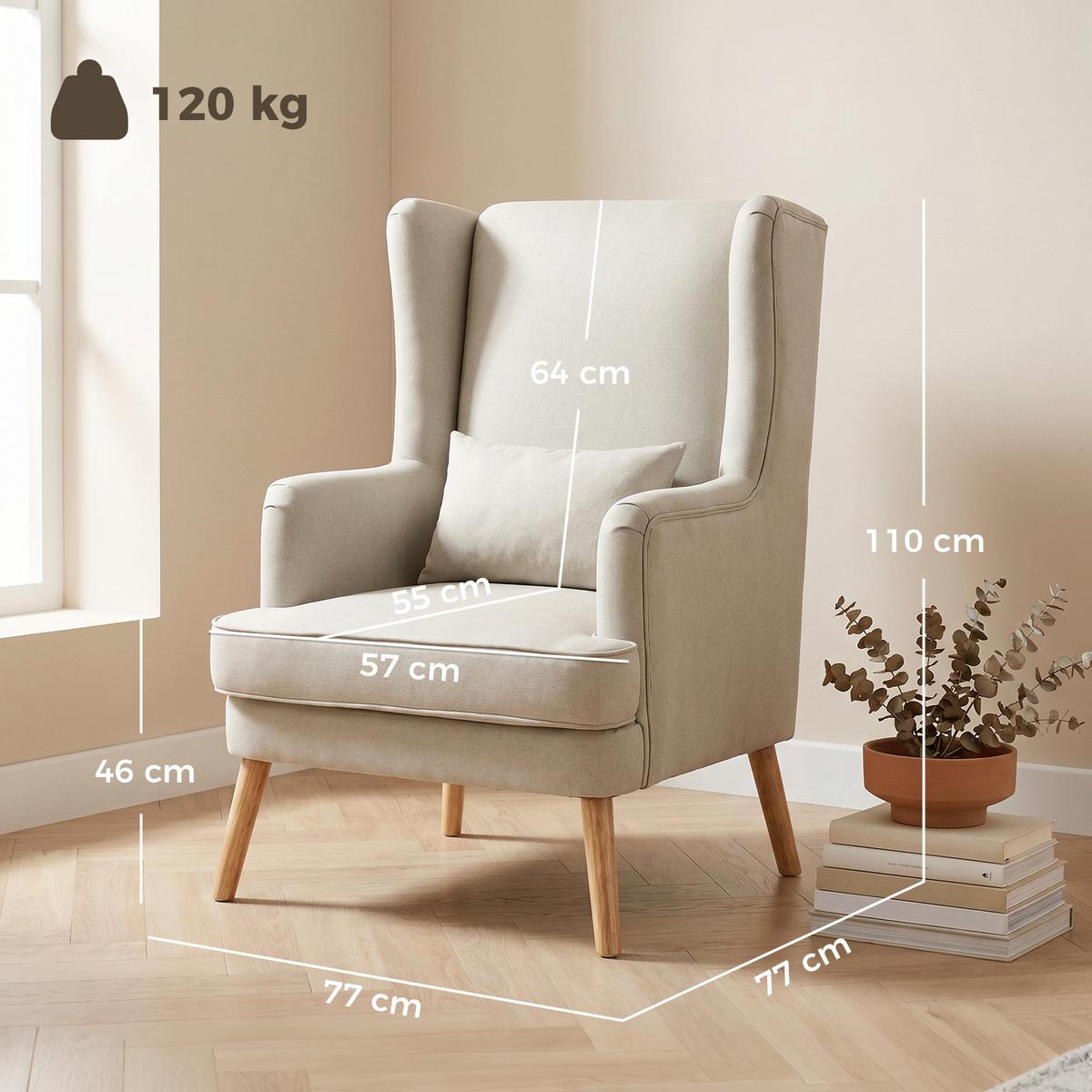 OHRENSESSEL Leinen Gummiholz Beige - Beige/Naturfarben, Holz/Textil (77/110/77cm) - HOMCOM