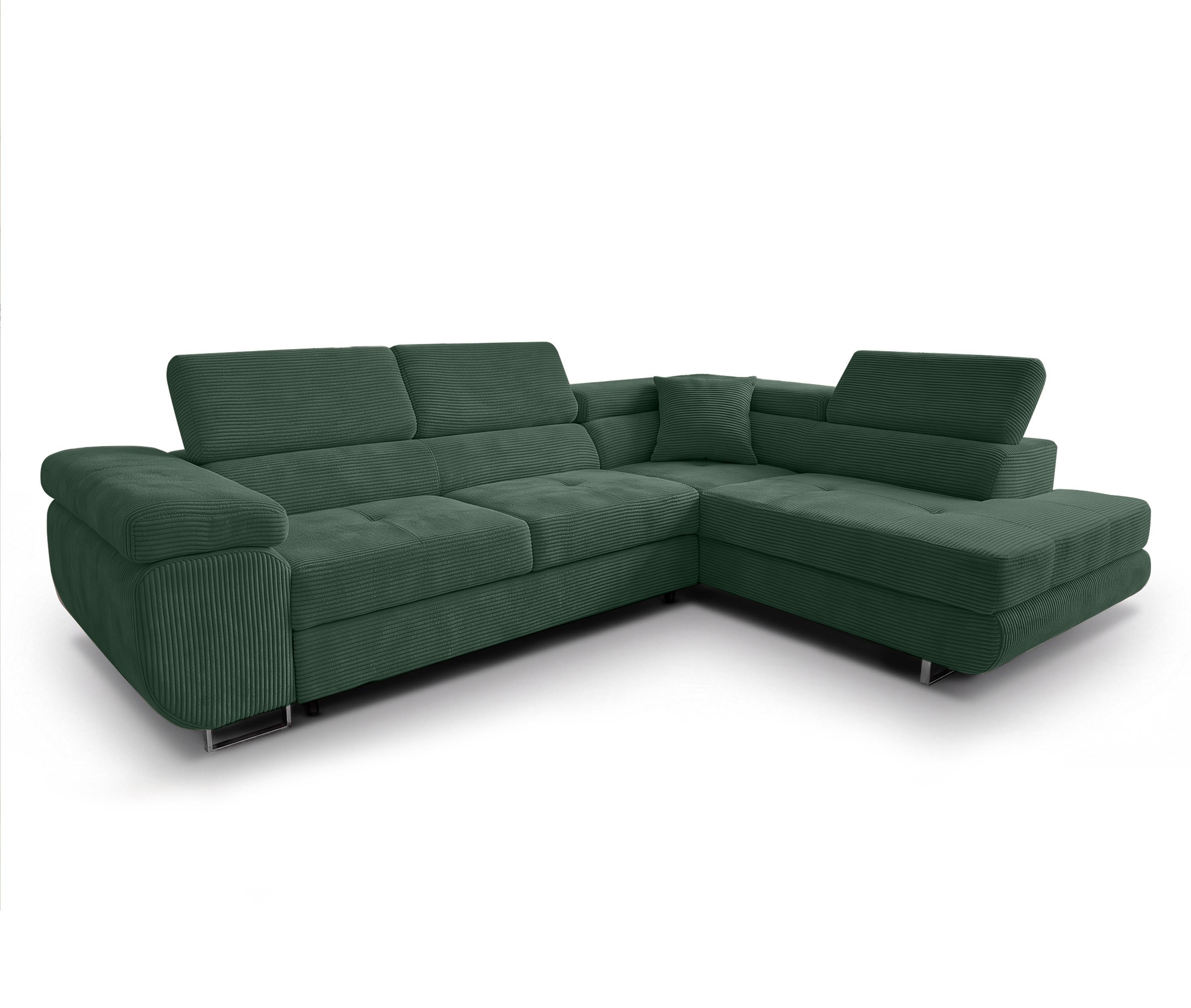 ECKSOFA L Form Konak Flaschengrün 276/201/90 cm Rechts mit Schlaffunktion - Dunkelgrün/Silberfarben, Textil/Metall (276/203cm) - AX Living