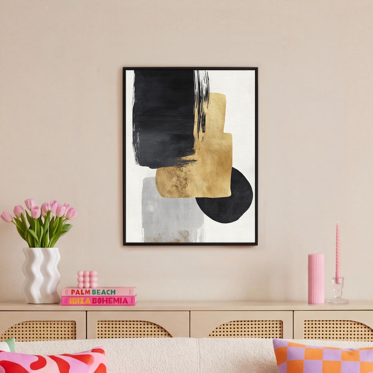 LEINWAND Bilder mit Rahmen - Gold - Rechtecke - Kreise - Abstrakt - 50x70 - Weiß, Textil (50/70cm) - MuchoWow