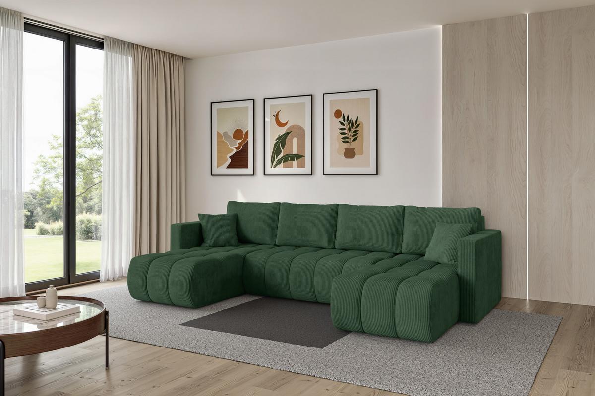 WOHNLANDSCHAFT mit Schlaffunktion und Bettkasten GARD-U 300x146x85 Grün Cord - Dunkelgrün/Schwarz, Holzwerkstoff/Kunststoff (300/85/146cm) - ALTDECOR