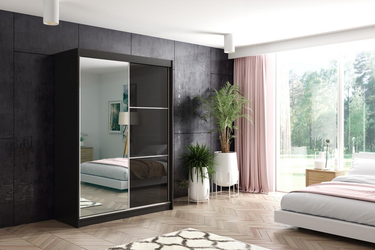 KLEIDERSCHRANK mit Spiegel-Schiebetüren und Aluminium-Leisten - VIVI - 160 cm Schwarz - Schwarz, Holzwerkstoff (160/216/61cm) - ALTDECOR