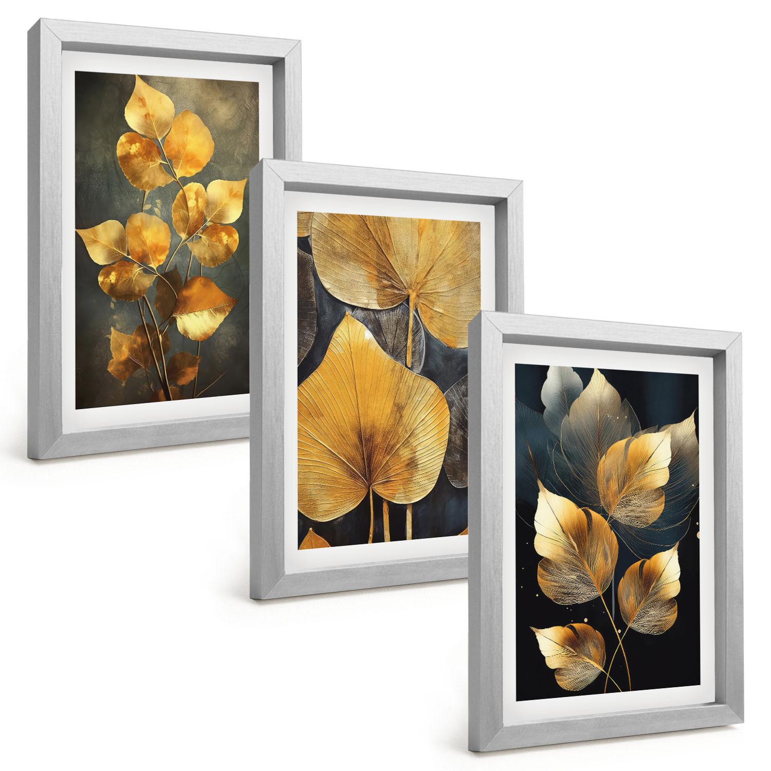 BILDER SET 3er Set - 20x30 cm Silberner Rahmen - Gelbe Blätter auf dunklem Hintergrund - Silberfarben, Kunststoff (20/30cm) - TULUP