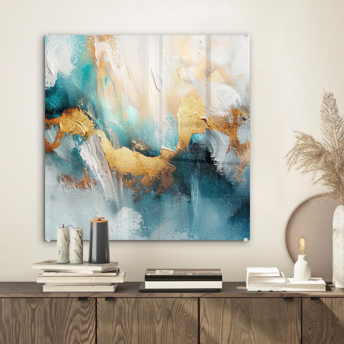 ACRYLGLASBILD Abstrakt - Kunst - Gold - Blau 50x50 cm - Petrol, Glas (50/50cm) - MuchoWow