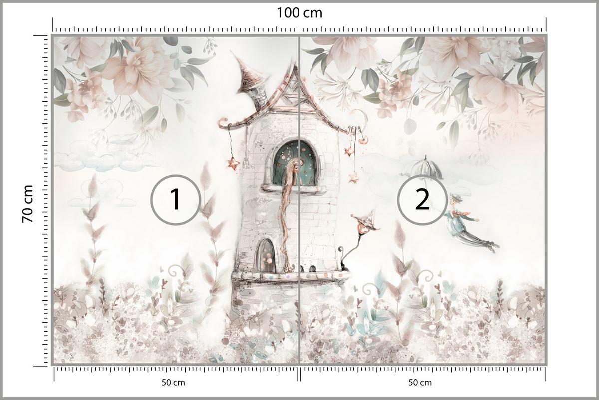 FOTOTAPETE für Kinderzimmer Prinzessin Turm Blumen Pflanzen 100x70 - Multicolor, Papier (100/70cm) - Muralo