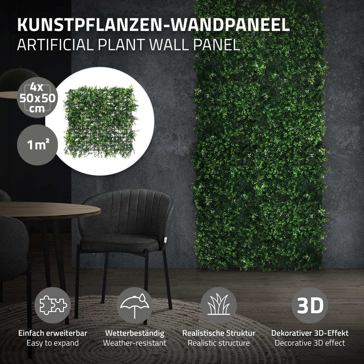KÜNSTLICHE PFLANZENWAND 4er Set 50x50 cm Kunstpflanzen Wand Innen Aussen Pachysandra - Grün, Kunststoff (50/50/8cm) - ECD-Germany