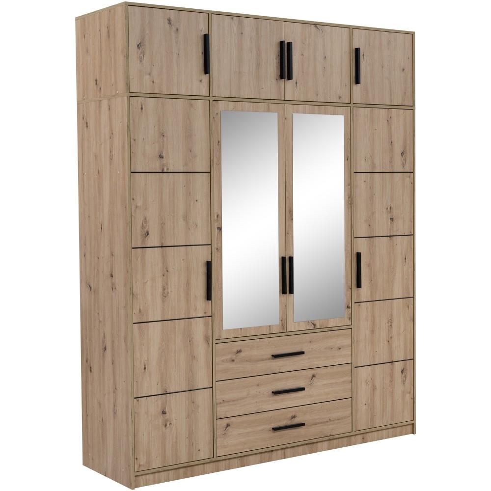DREHTÜRENSCHRANK Kavo mit Aufsatz, Spiegel und 4 Türen, eiche Artisan - Schwarz/Eiche Artisan, Holzwerkstoff (200/245/58cm) - Beautysofa