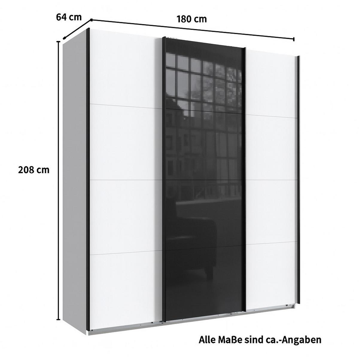 SCHWEBETÜRENSCHRANK 3-türig B180/H208/T64 cm in Weiß, Kleiderschrank mit einer Glasfront-Tür in Schwarz / 22515 - Schwarz Hochglanz/Schwarz, Holzwerkstoff/Metall (180/208/64cm) - luma-home