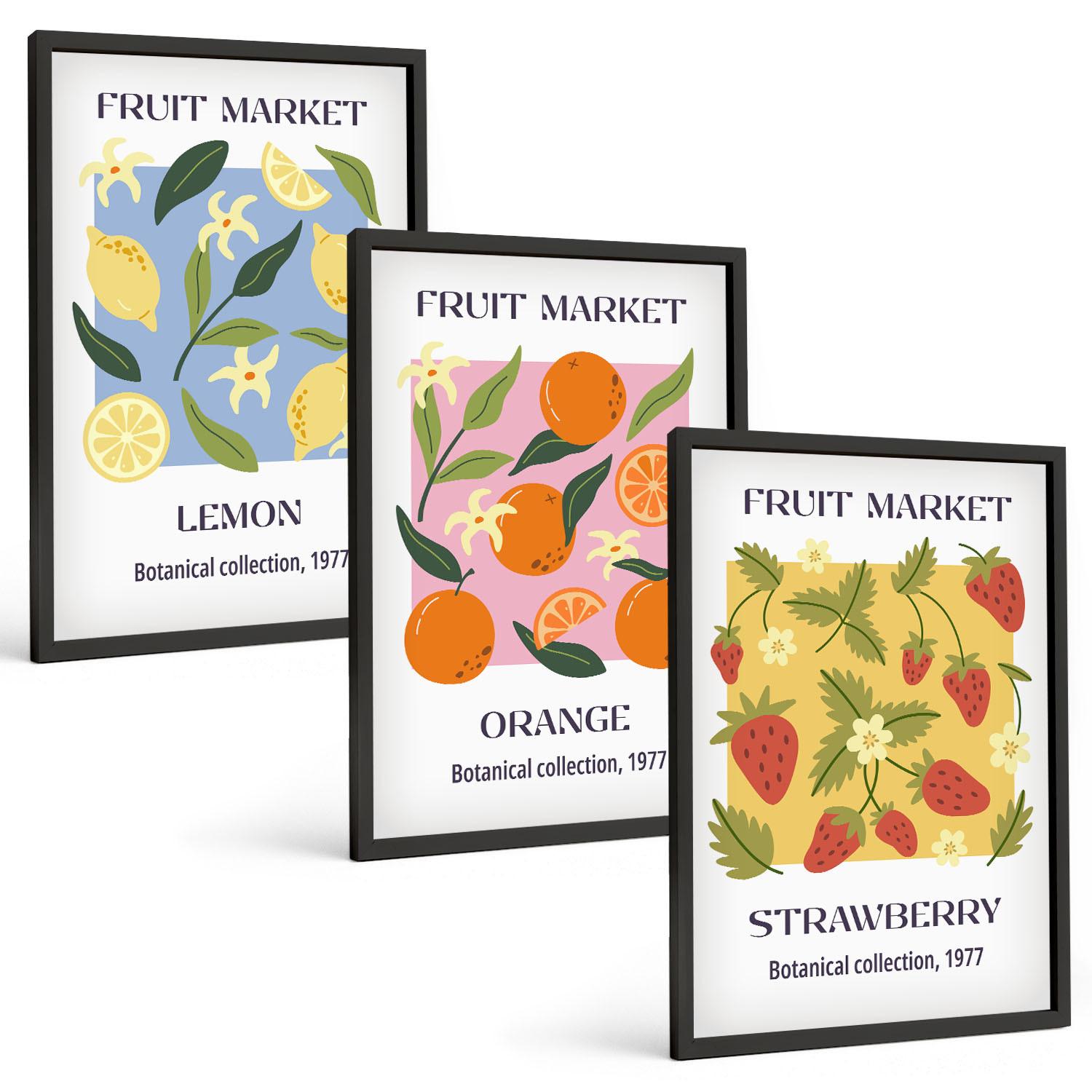 BILDER SET 3er Set - 40x60 cm Schwarzer Rahmen - Fruchtposter Zitronen Erdbeeren - Schwarz, Kunststoff (40/60cm) - TULUP